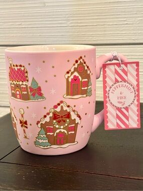 PEPPERMINT & PINE Pink Gingerbread House Soft Touch Holiday Coffee Mug NEW
